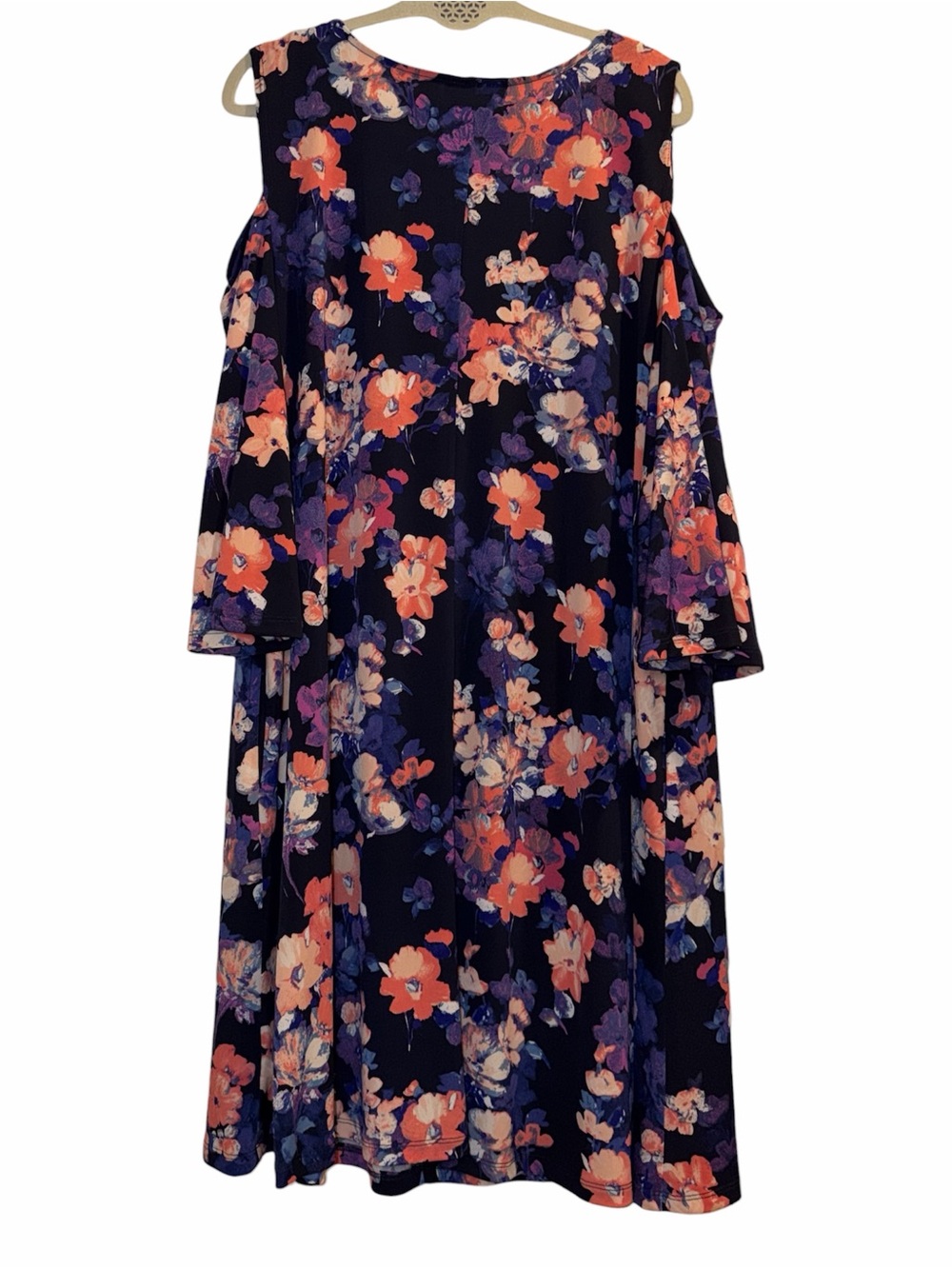 NINA LEONARD 2X Cold Shoulder Dress Pockets Navy Floral Bell Sleeve Boho Resort - Picture 2 of 9